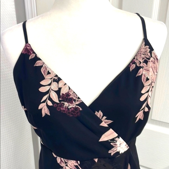 NWOT Black & Purple Floral Wrap Dress with High Low Ruffled Hem - Picture 3 of 17